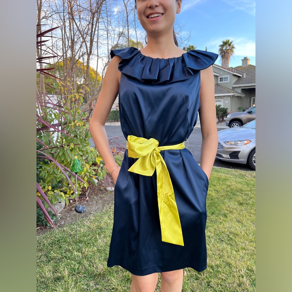 Bloomingdale’s Aqua Navy Satin Ruffle Open Back Dress size 12